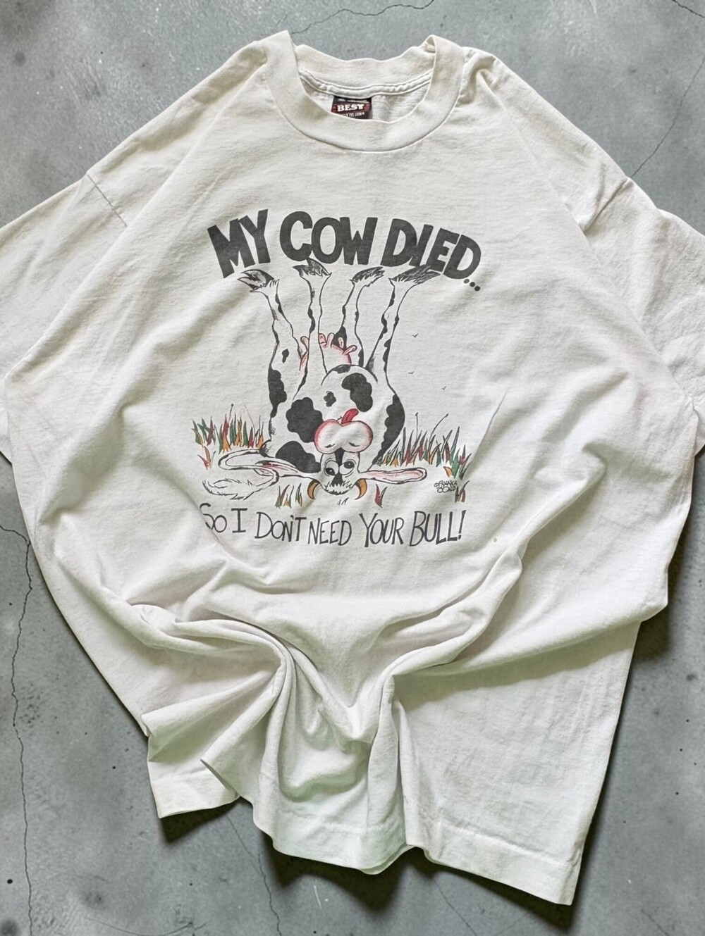 Vintage 90s My Cow Died Funny Parody Bull Comedy White Tee Shirt Size Mens XL